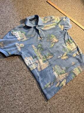 Vintage Nautica Mens Coastal Village Scene All Over Print Polo Shirt Size Medium